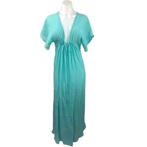 Josa Tulum Blue Linen Deep V-Neck Short Sleeve Tie Waist Cover-up Dress One Size